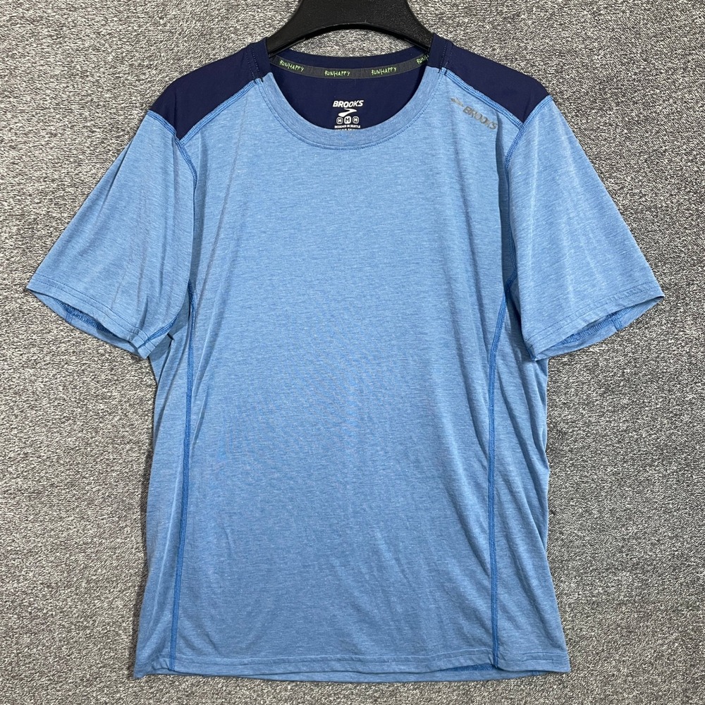 Brooks Shirt Mens M Blue Short Sleeve Athletic Running Shirt Run Happy